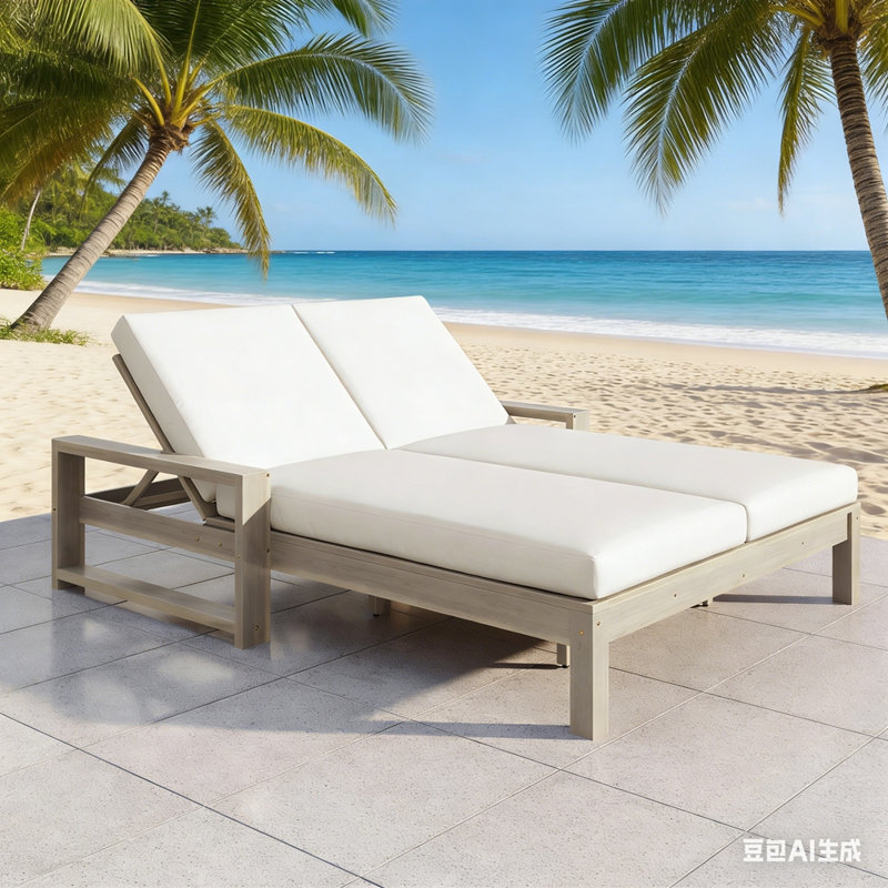 Outdoor Double Lounge Chair with 5-Position Adjustable Backrest for Each Seat, Wood Patio Chaise Lounge with Removable Cushions