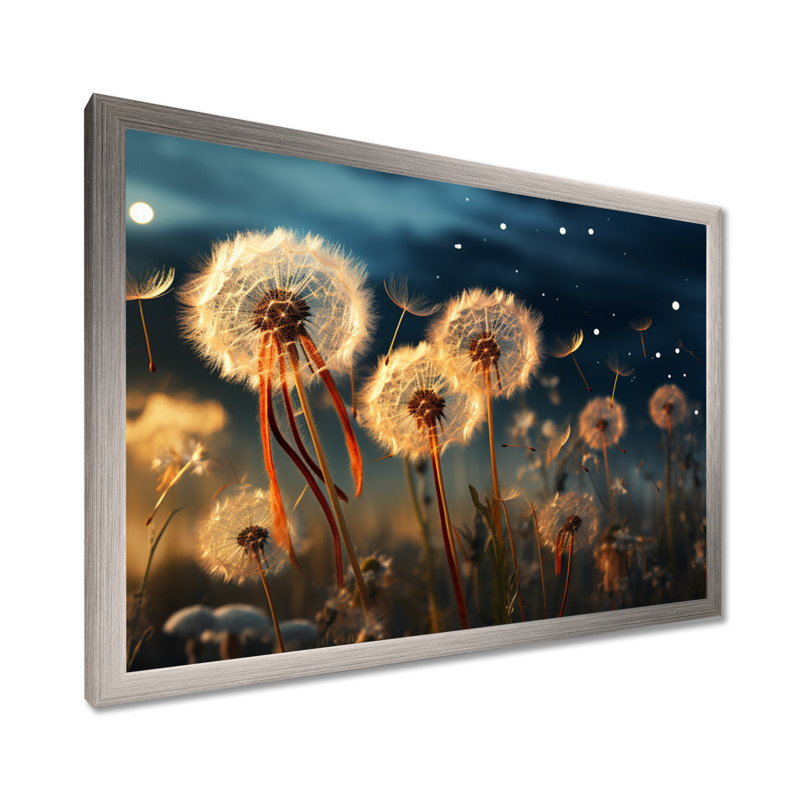 Sunset Dandelion Field IV - Floral Canvas Prints, H 34 po x l 44 po x P 1,5 po, Cadre photo argenté