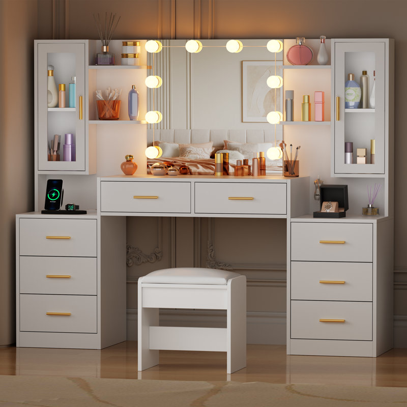 modern dressing table with mirror and lights Vanity Set with Mirror and Lights Modern Storage Makeup Dressing Table with 5 Drawers Pink