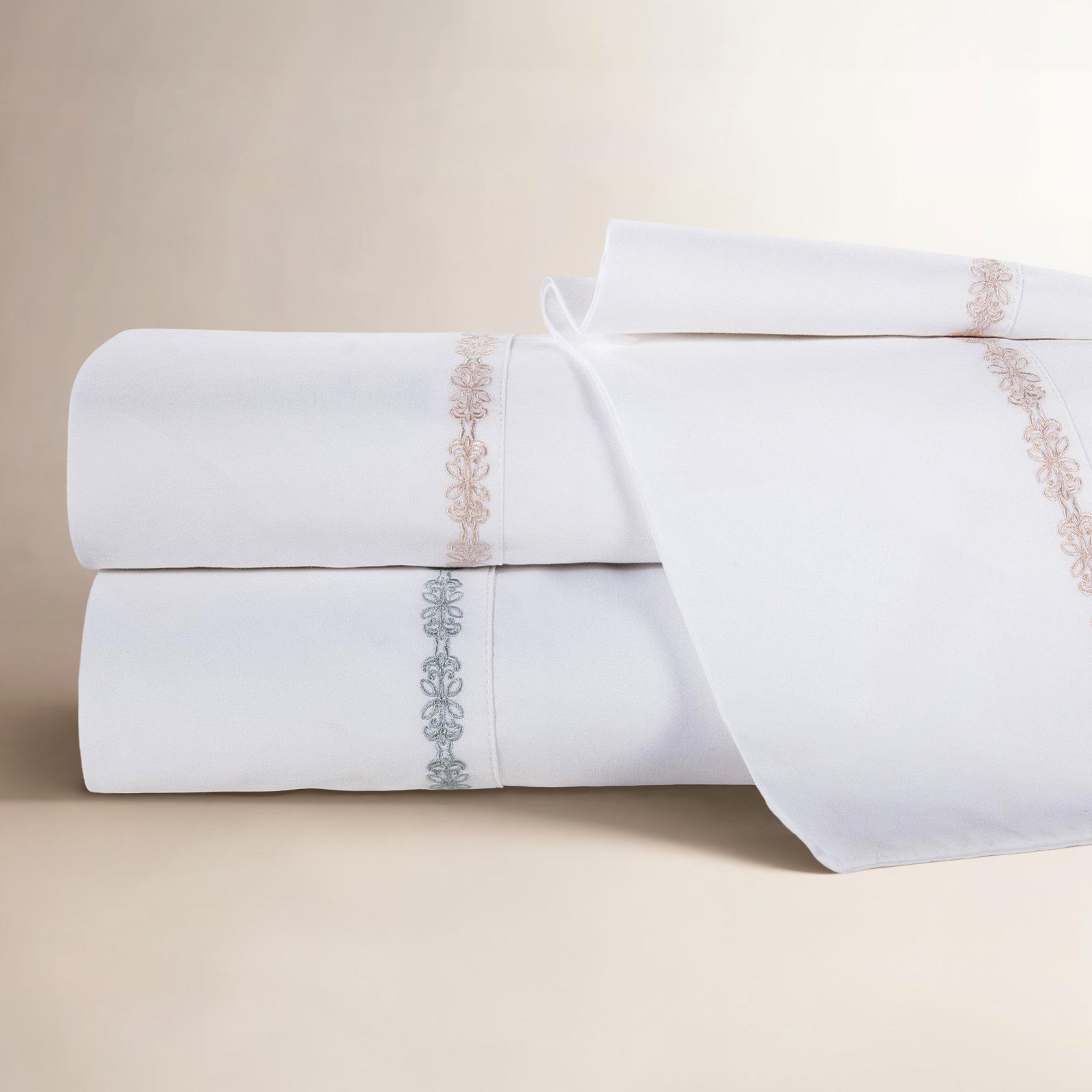 Laurel Sheet 350 Thread Count Embroidered Border Classic Chic Sheet Set, Queen Sheet Set + 1 Fitted Sheet + 2 Pillowcases