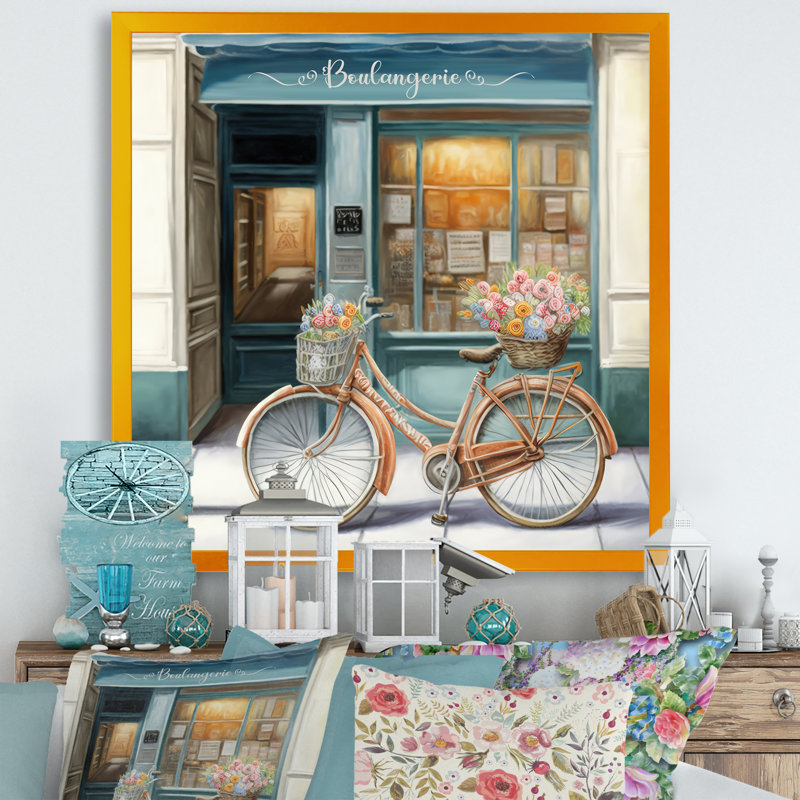 Vélo devant une boulangerie française III - peinture sur toile, H 30 po x l 30 po x P 1 po