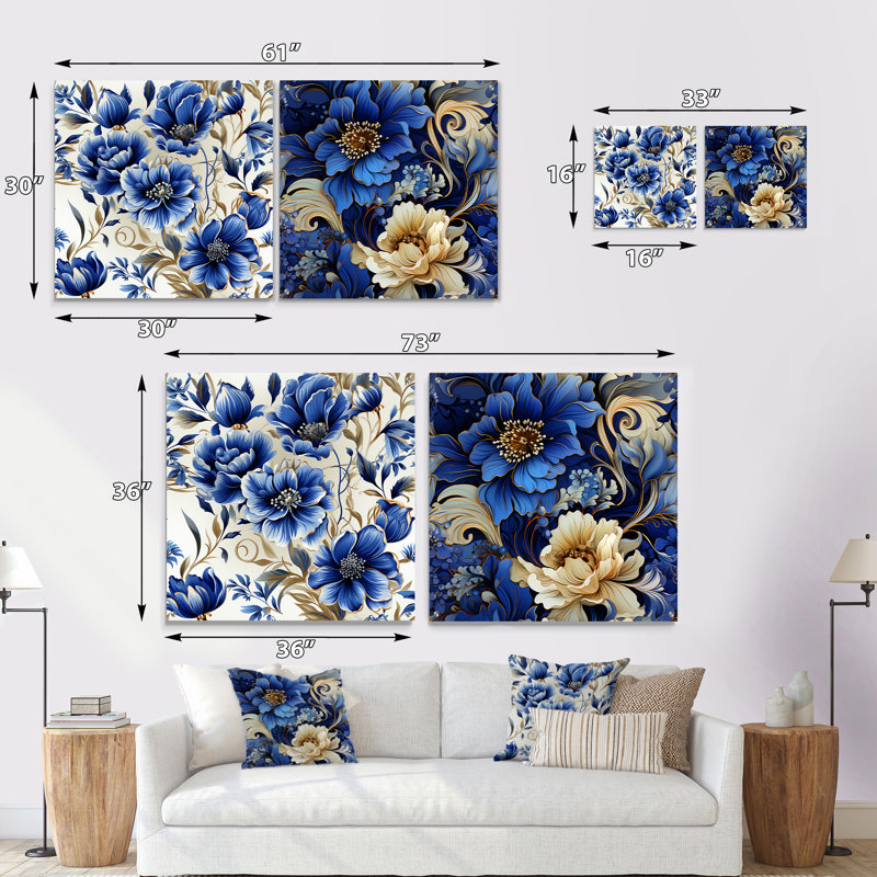 Motif victorien bleu cobalt Art Nouveau, H 16 po x l 33 po