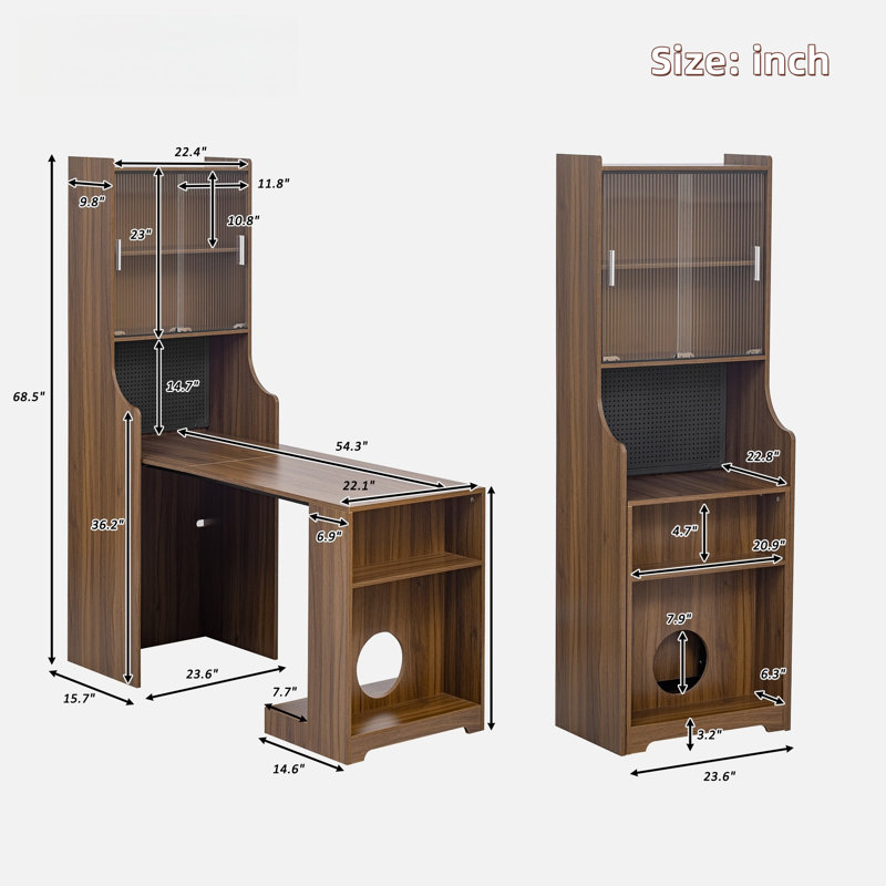 Mid-century Multi-use Extenable Cabinet Desk With Storage Peg Board, Storage Cabinet With Sliding Glass Doors, Led Light, Free Cat Cushion And Cat Toy