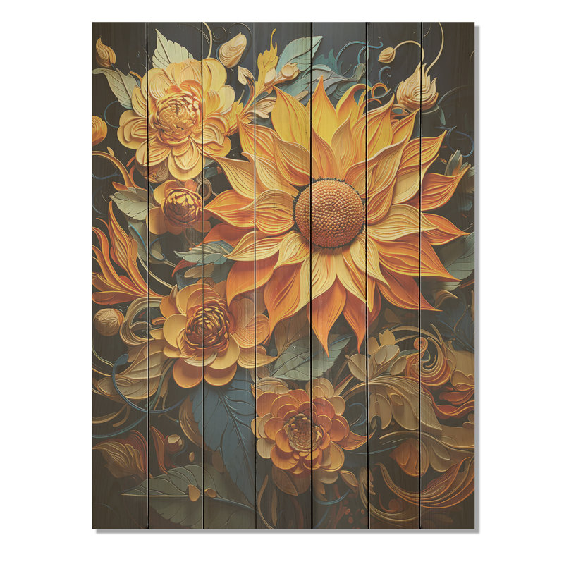 Bleu et jaune tournesols en spirale II - tournesols sur bois, H 40 po x l 30 po