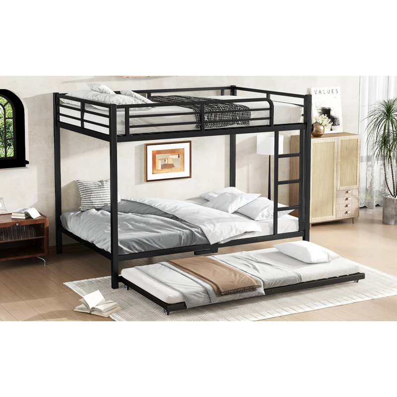 Lit superposé double au-dessus d'un lit gigogne double en métal noir avec conception anti-bruit, structure stable de taille sous rangement, revêtement, garde-corps