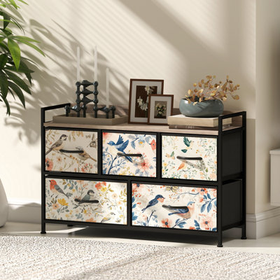 HOMCOM 5-Drawer Bedroom Chest of Drawers, Fabric Dresser, Open Shelf, White