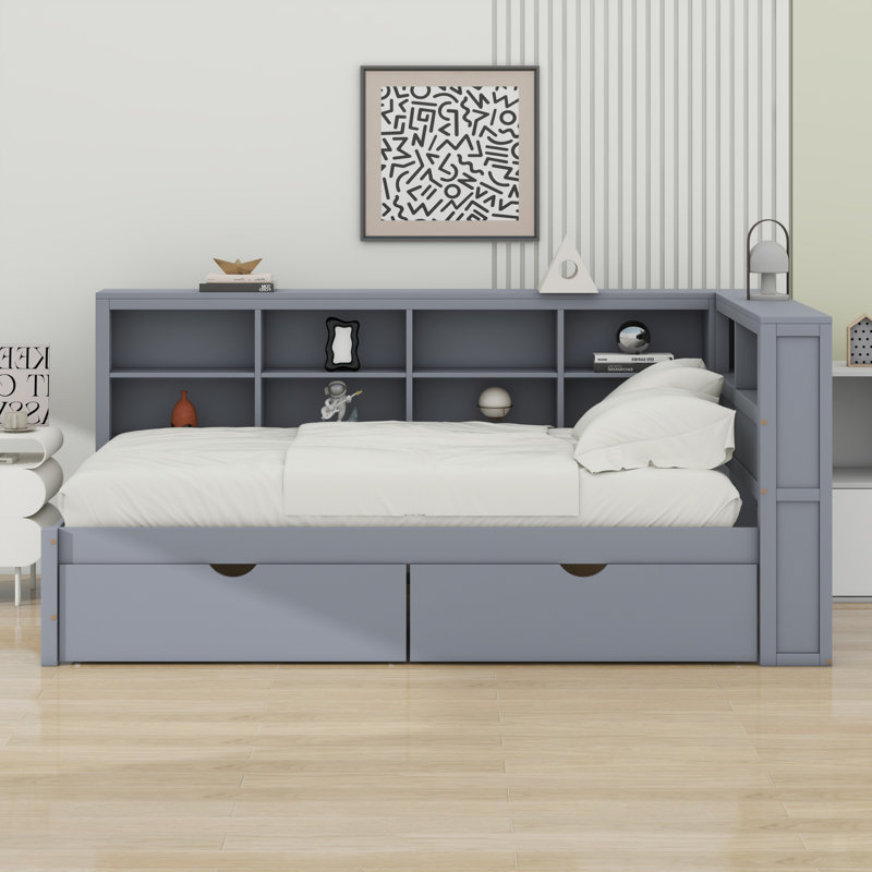 Lit de jour avec tiroirs, tablette et ports de chargement USB, Gris