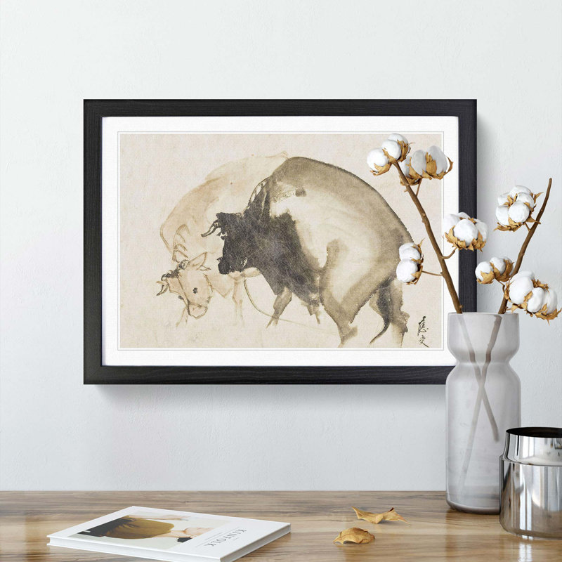 Two Bulls by Maruyama Okyo - Framed Print, 36cm H x 48cm W x 2cm D, Black Framed