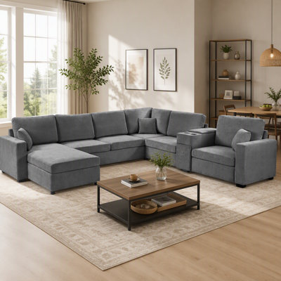 Canapé modulaire en chenille en U de 134 po à 5 places modulaires avec méridienne, porte-gobelets intégrés et tiroir de rangement, canapé rembourré à assise profonde pour salon