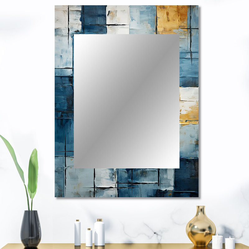 Cerulean Cubism Shapes I - Abstract Shapes Decorative Wall Mirror, Blue Mirror, Printed Metal Art, 40" x 30"