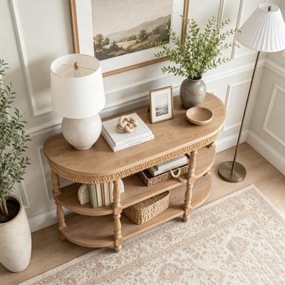 Handcrafted Wood Console Table with Hand-Woven Trim, 3-Tier Storage Shelves