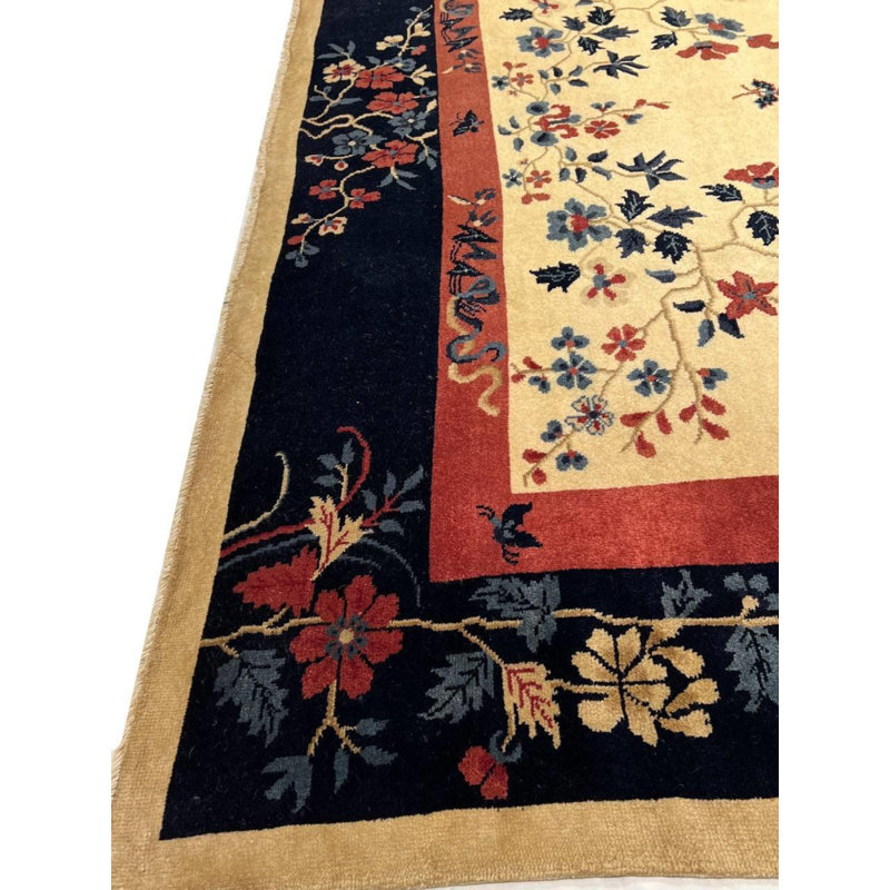 Hand Woven Cotton and Wool Floral Area Rug