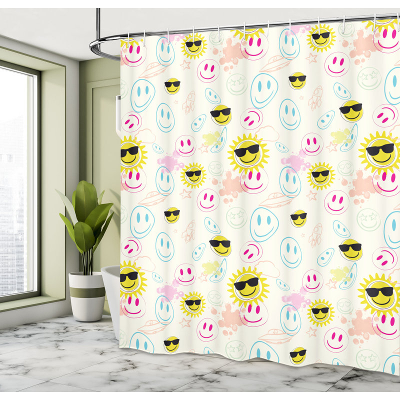 Rideau de douche Ambesonne Emoji Happy Face and Sun Space Art Ivory Blue and Magenta, H 70 po x l 69 po