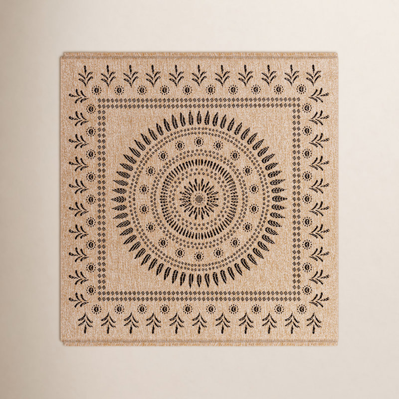 Finni Round Oriental Machine Woven Polypropylene Indoor / Outdoor Area Rug in Tan/Black, Square 7'10"