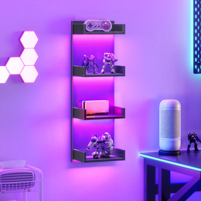 Étagère murale avec éclairage DEL, tablette flottante, tablette à 4 niveaux pour rangement mural, présentoir mural vertical, pour chambre, salon, couloir