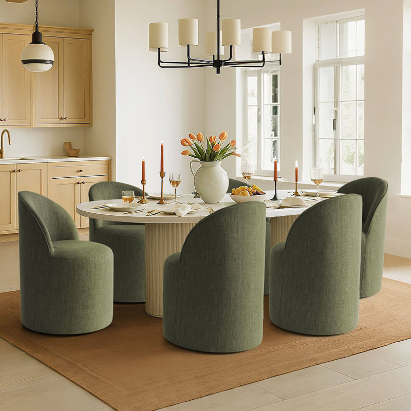 Swivel Upholstered Barrel Back Dining Chair With Hidden Casters (Set of 6), Green