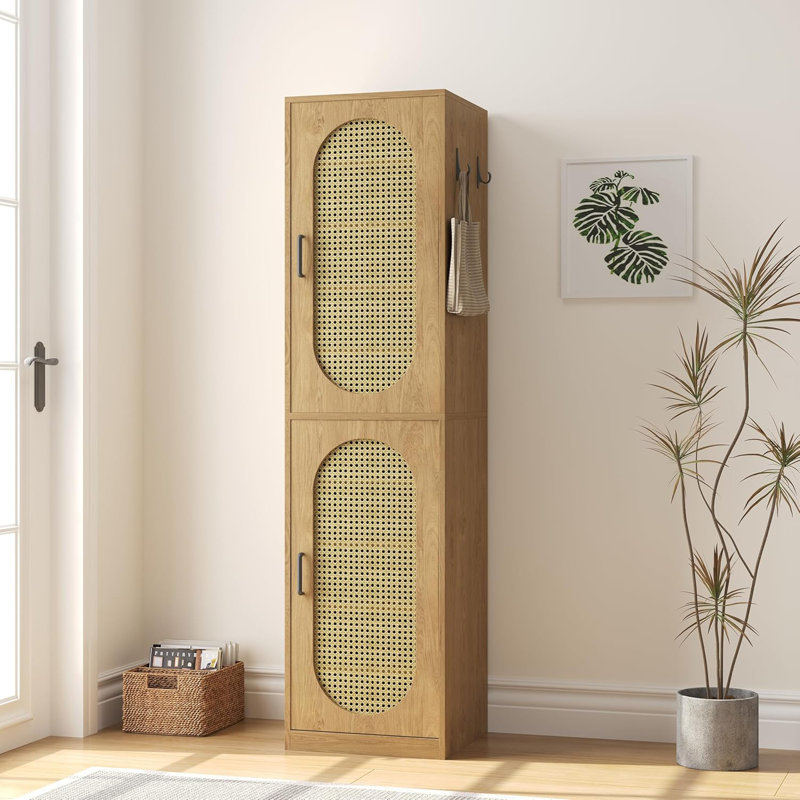 66 Inch Tall Shoe Storage Cabinet With Rattan Door And Adjustable Shelves, 20 Pairs Narrow Floor Shoe Cabinets With 4 Hooks