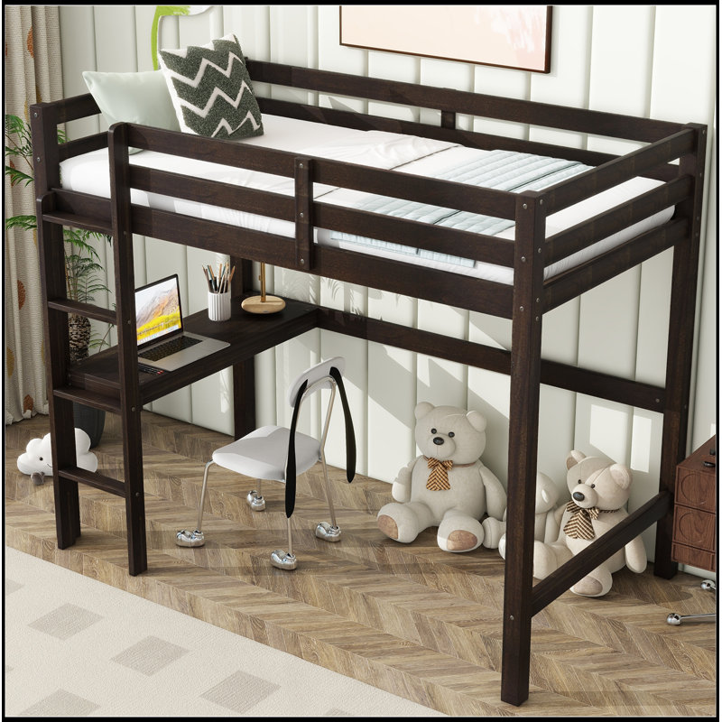 Twin High Loft Bed, Rubber Wood Loft Bed With Safety Guardrail, Built-In Desk, Ladder,Espresso