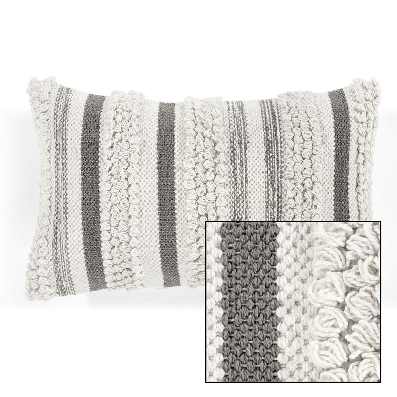 Gray and White Cotton Embroidered Rectangular Throw Pillow