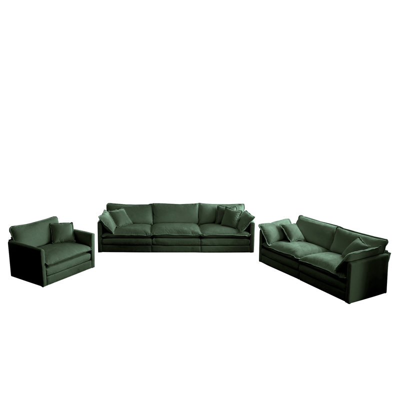 Ensemble de conversation avec canapé en tissu chenille Athenia, Chenille verte, 2 Sofas + 1 Chair