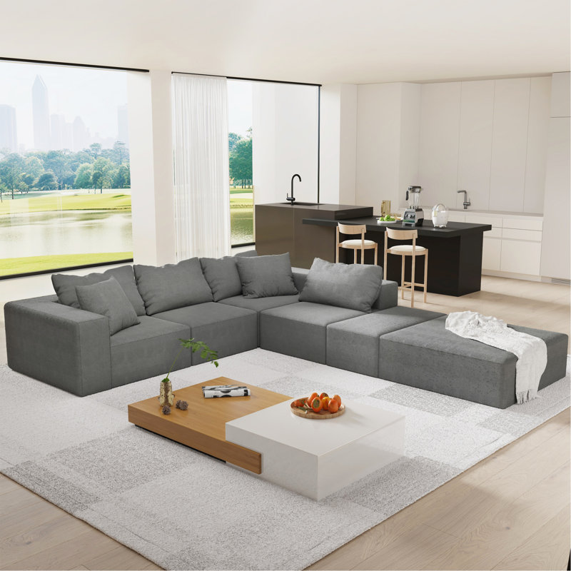 Ensemble de canapé modulaire rembourré moderne en L de 132 po avec 6 coussins, Gris