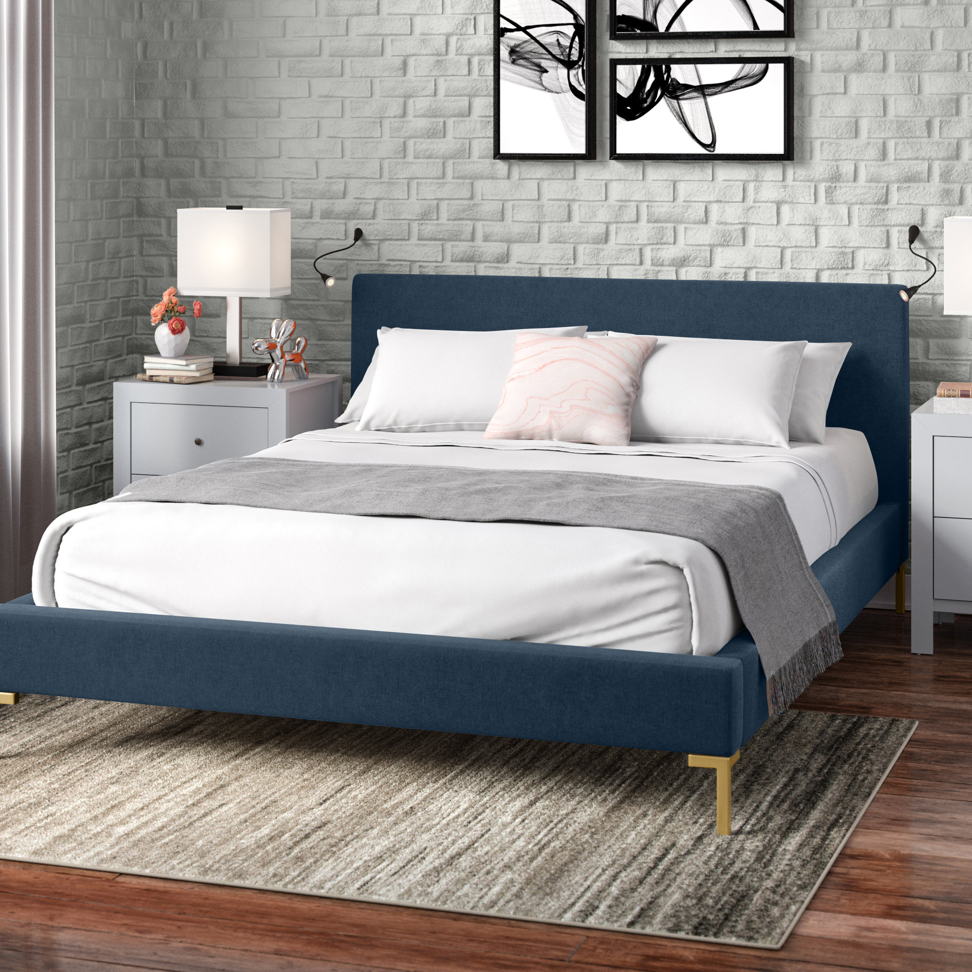 Rand Upholstered Bed, Twin, Brass, Zuma Navy Textured Linen