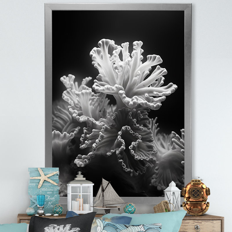 «Black and White Coral Anemone Kingdom», reproduction d'art sur toile plage et océan, Cadre simple argenté