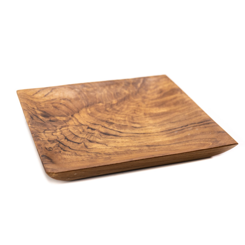 Assiette carrée ronde en bois de teck - petit (ensemble de 2)