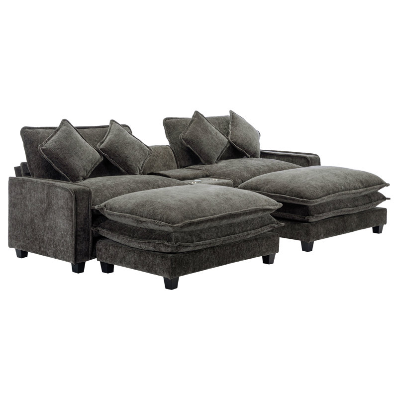 111" Sectional Sofa Chenille Upholstered Sofa With Two Removable Ottoman, Two Usb Ports, Two Cup Holders And Large Storage Box For Living Room