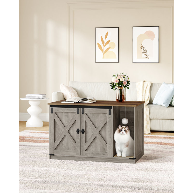 Cat Litter Box Enclosure, Hidden Litter Box Cabinet Furniture with Bell, Indoor Cats House, Farmhouse Style, 39.4 x 21.7X 24.8 Inches, for Hallway, Bedroom, Greige