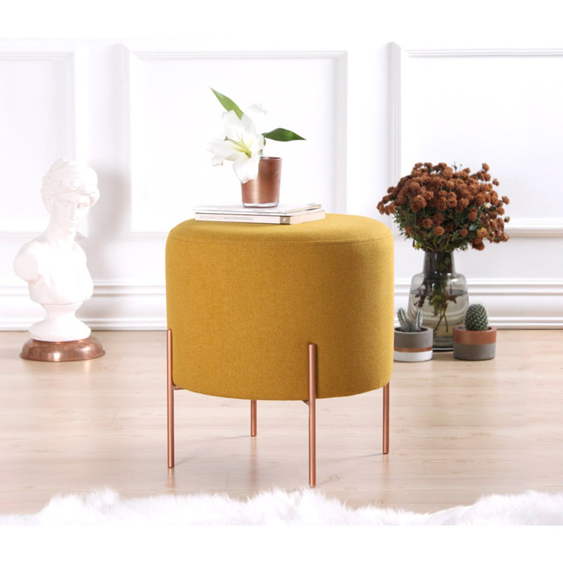 Bohemian Pouffe Ottoman, Mustard Color, 16.5 x 15.7 inches | 50% Cotton / 50% Linen, 35 DNS Orthopedic Sponge, Copper Coated Iron Legs | Perfect for Hotel & Home Décor, Stylish and Comfortable Seating Solution