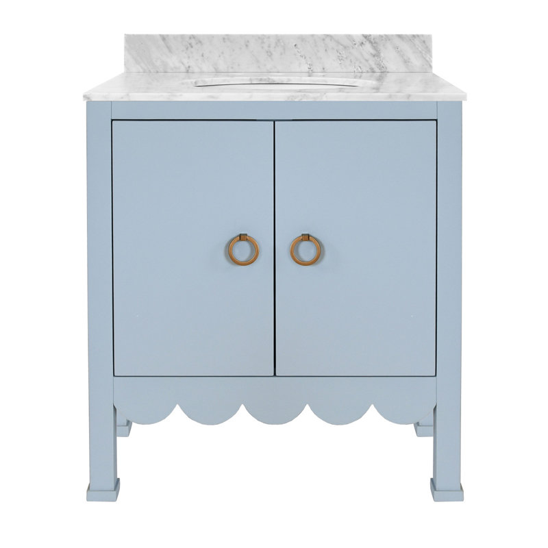 Meuble-lavabo sur pied simple 30,5 po Kealey avec plateau en marbre de Carrare, Bleu mat clair