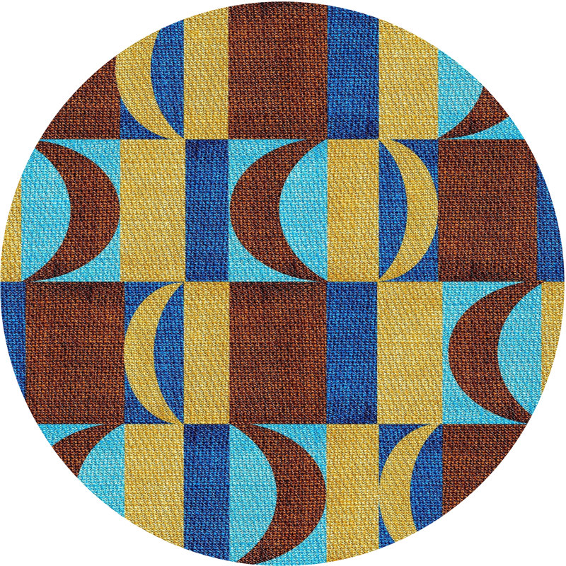 Tapis brun/vert/bleu à motifs, Rond 8 pi