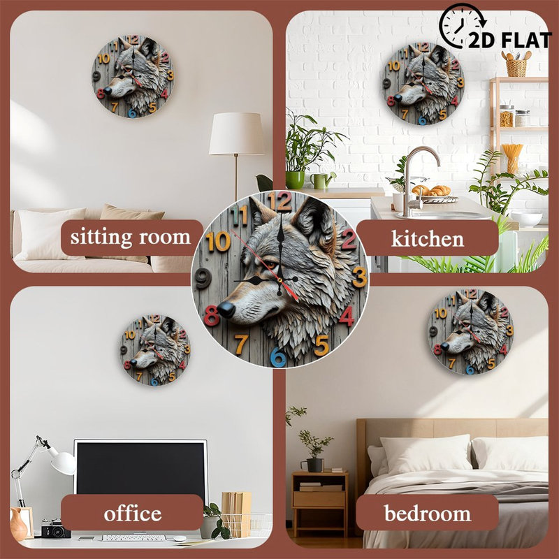 Décoration artistique horloge murale tête de loup en bois