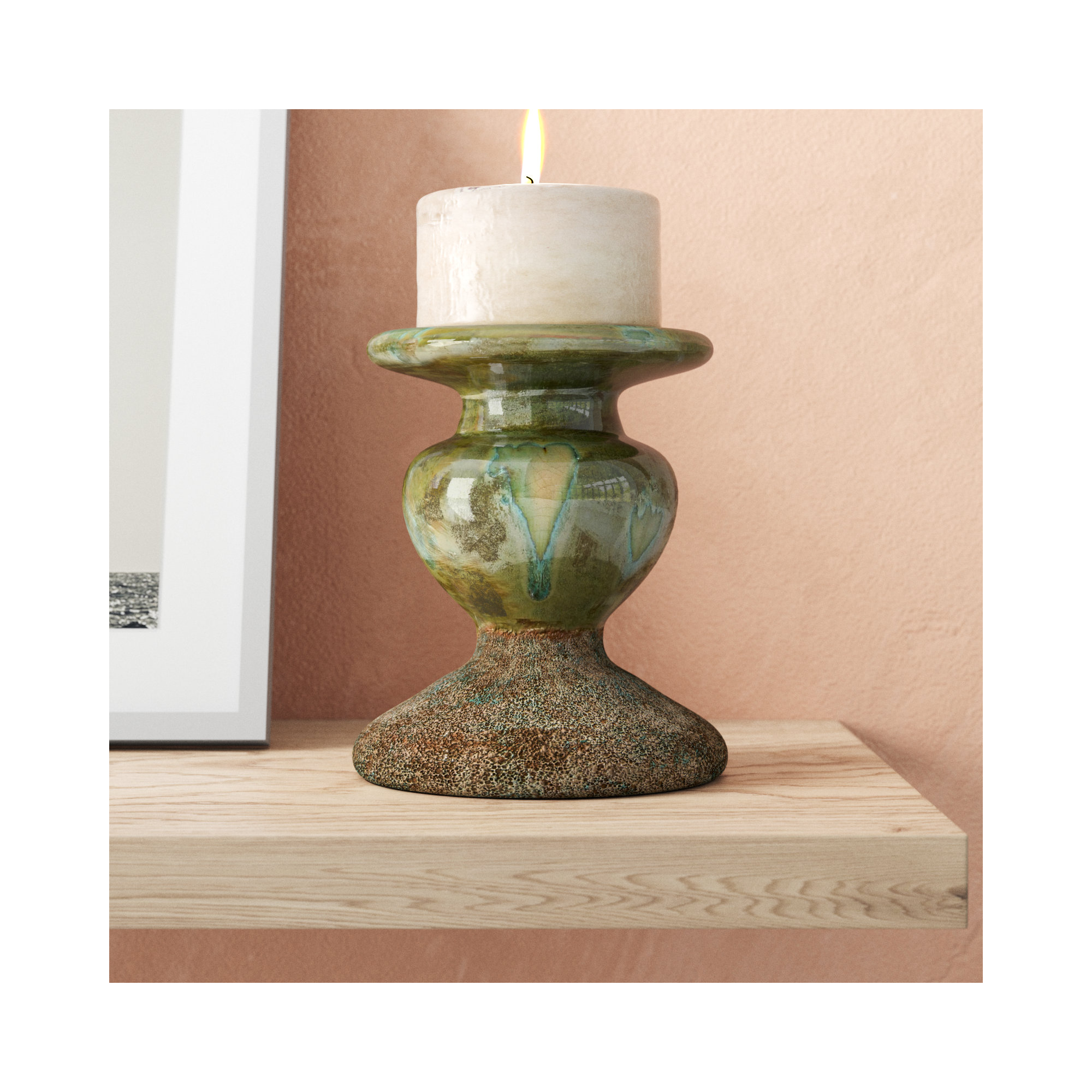 Waikiki Earthenware Tabletop Candlestick, 5.3" H x 4.5" W x x 4.5" D, Distressed Green