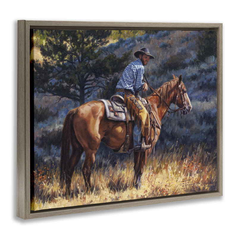 «Early Start Cowboy», art mural encadré par David Graham, Cadre flottant orme Montalcino, H 25 po x l 31 po