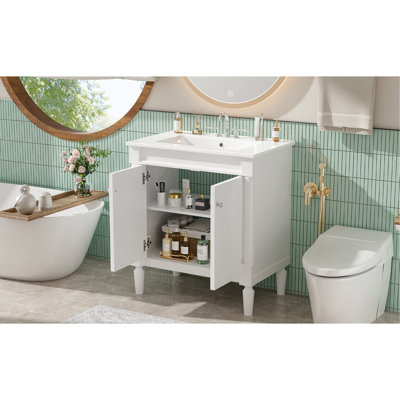 Armoire de meuble-lavabo 30 po avec lavabo en céramique, 30 po, armoire de rangement avec portes à fermeture douce et pieds en bois massif