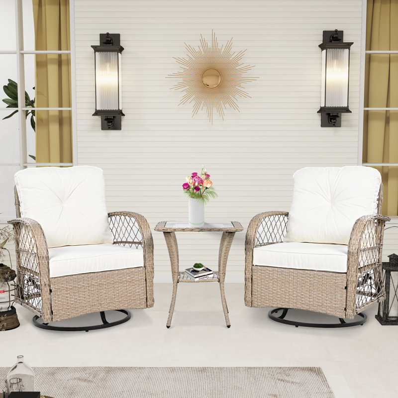 Chaise berçante 3 pièces pour patio avec coussins et table d'appoint, Naturel
