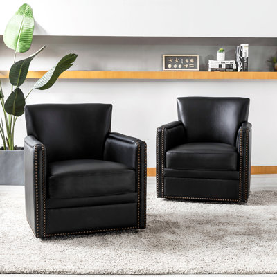 Sandra 29'' Wide Genuine Leather Swivel Chair (Set Of 2)