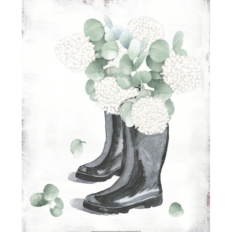 Rainboots with Hydrageas - Painting Print, Black Floater Framed, 30 cm H x 46 cm W