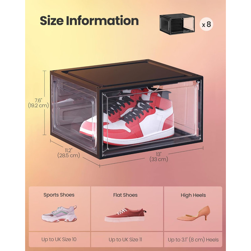 Shoe Boxes Set Of 8, Stackable Shoe Organisers With Doors, 33 X 28.5 X 19.2 Cm, Fits Shoes Up To UK Size 11, Transparent Black