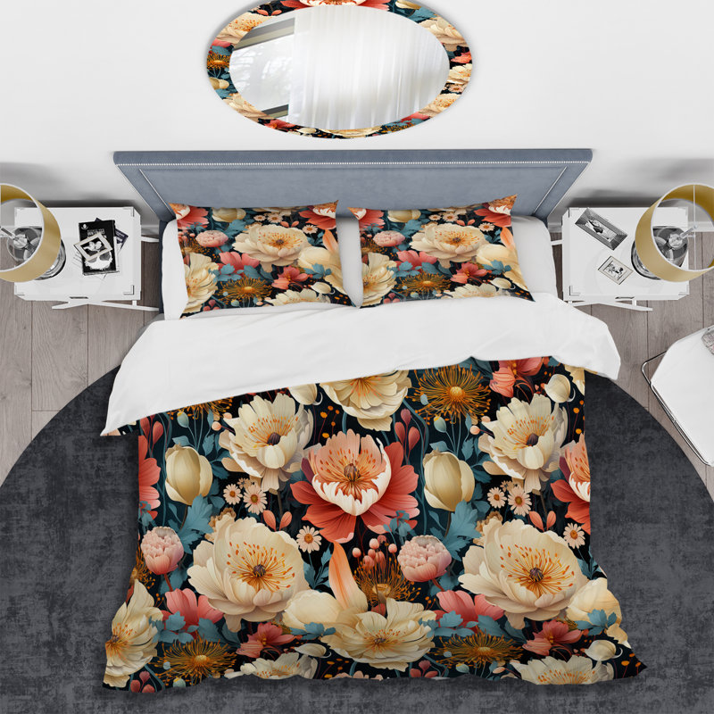 Ensemble de housse de couette beige et rose à motif floral Grace I, Housse de couette pour très grand lit et 2 très