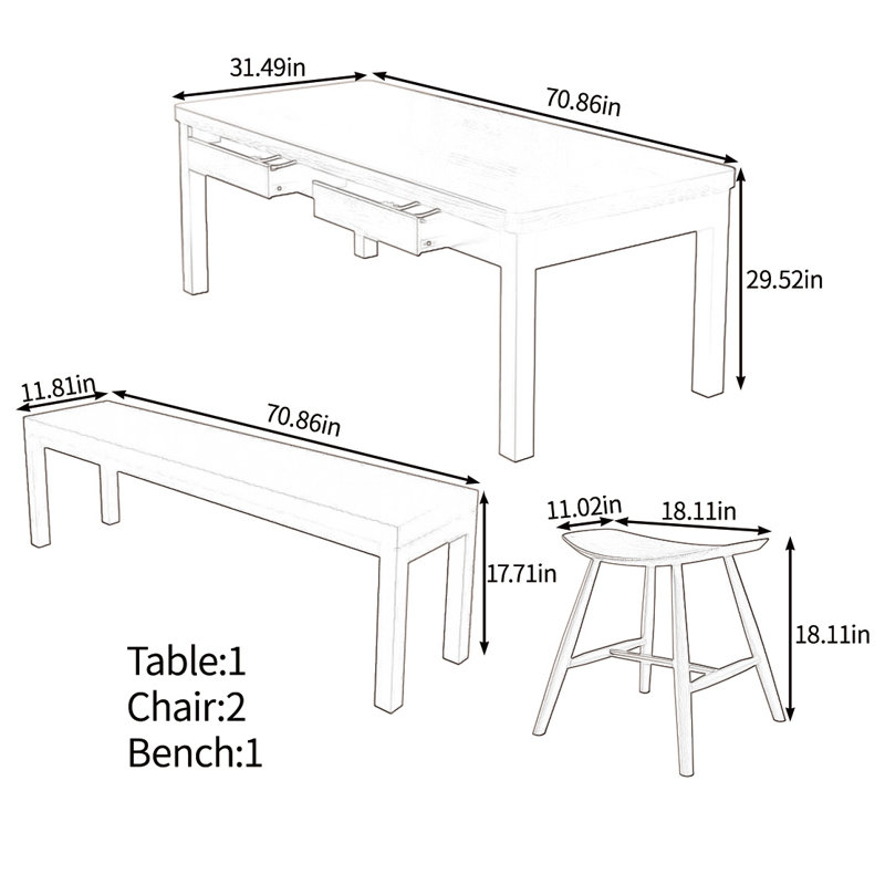 Solid wood multifunctional table set, 29.52"H x 70.86"L x 31.49"W