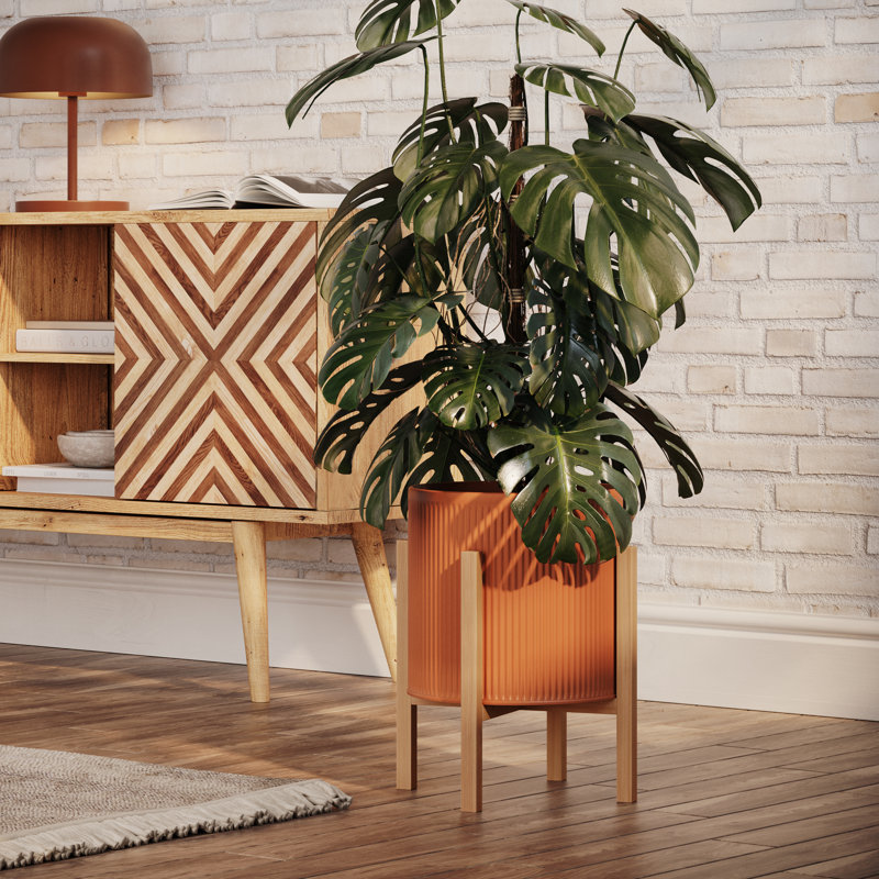 Melahat Mid Century Modern Indoor Metal Pot Planter 4-Leg Wood Base, 14.75" H x 12" W x 12" D