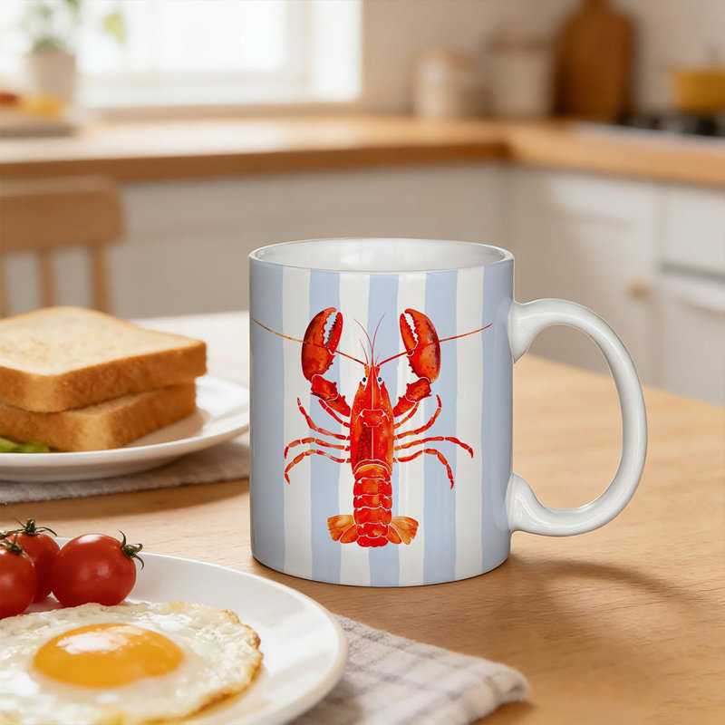 Red Lobster Coastal Ceramic Mug Cup With Handle, Lobster Gifts, Blue and White Striped Beach Crawfish Porcelain Tea Mug, 11 Ounce