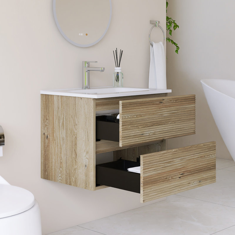 Meuble-lavabo simple mural 24 po avec comptoir en céramique intégré blanc, Chêne