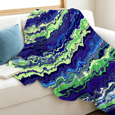 Jeté en flanelle bleue ultra douce, imprimé abstrait zigzag coloré sur une face