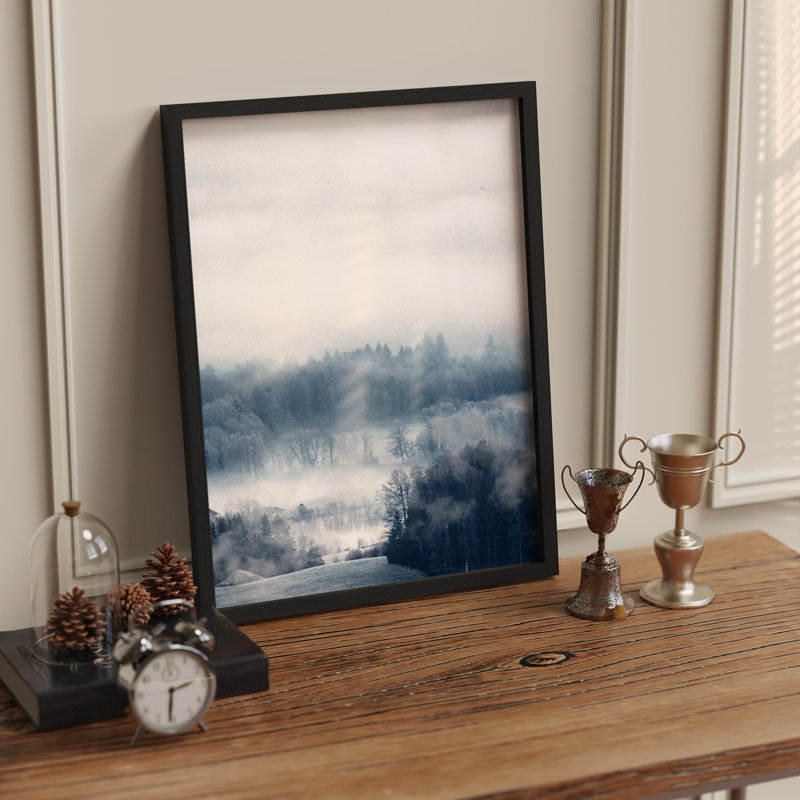 Misty Cloud Blue Mountain Range Valley Nature Illustration petit décor, œuvre d'art moderne, Noir, H 14 po x l 11 po
