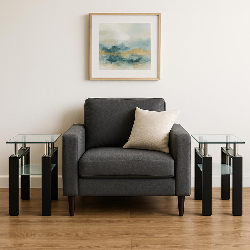 Ensemble de deux tables de bout carrées transparentes et noires en verre et en métal avec tablette