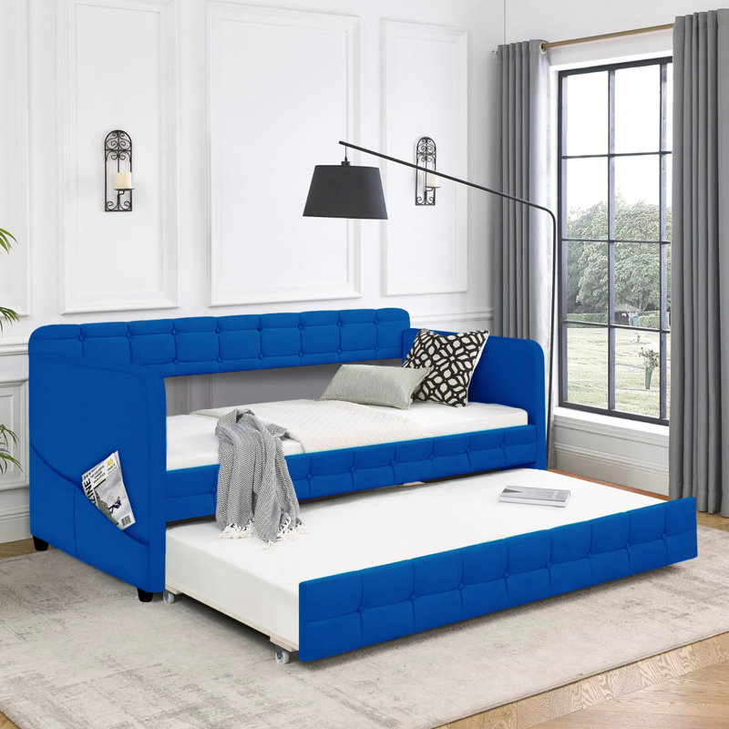 Lit de jour rembourré avec lit gigogne, tissu en velours, sans boîte à ressorts, modèles confortables et simples (lit de jour)